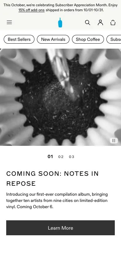 Blue Bottle Coffee website, mobile screenshot