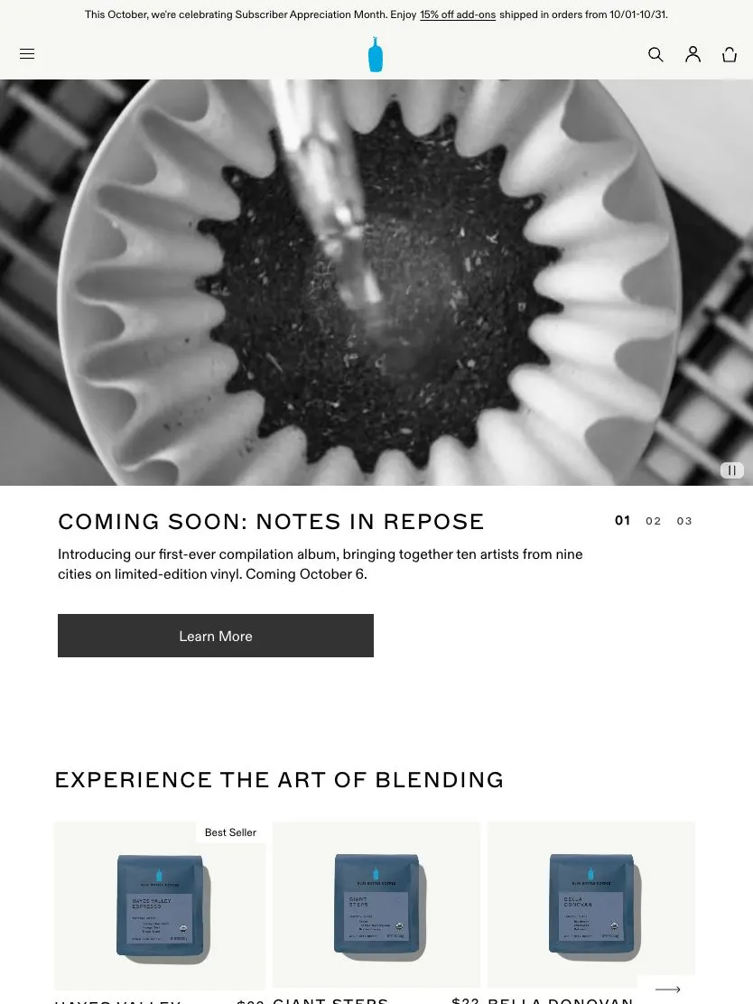 Blue Bottle Coffee website, tablet screenshot