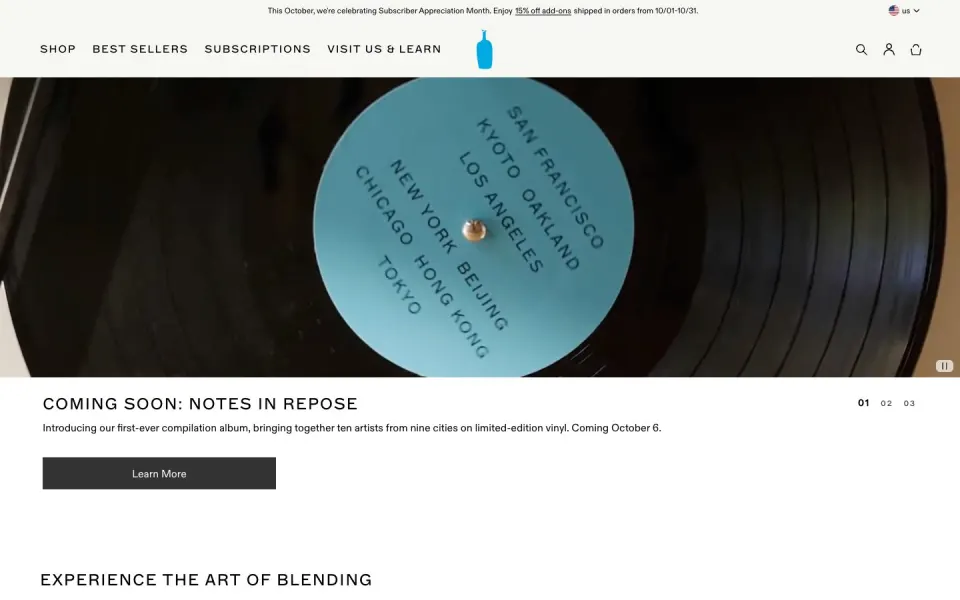 Blue Bottle Coffee website, desktop homepage