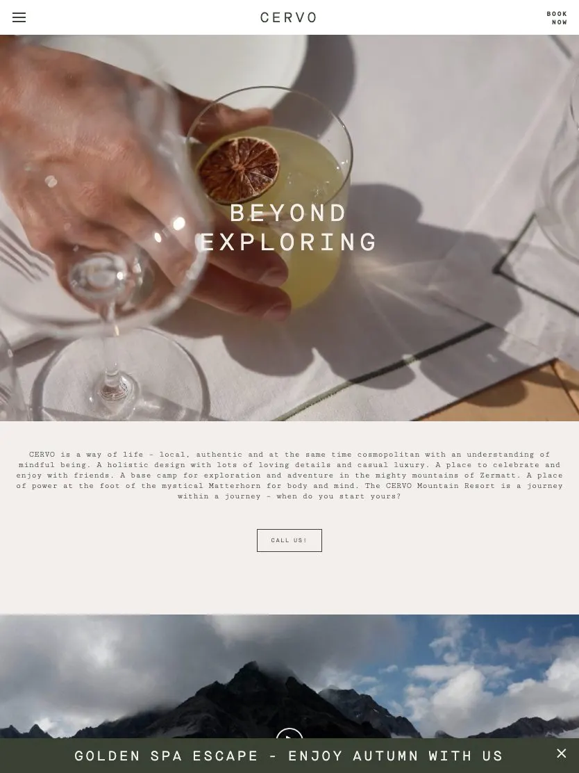 CERVO Mountain Resort website, tablet screenshot