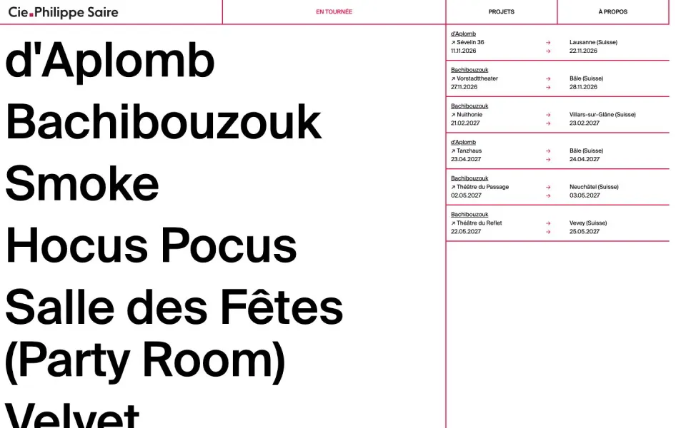 Cie Philippe Saire website, desktop homepage