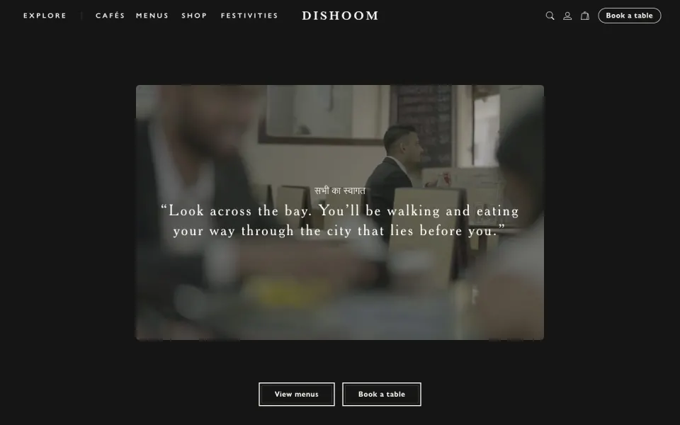 Dishoom website, desktop homepage