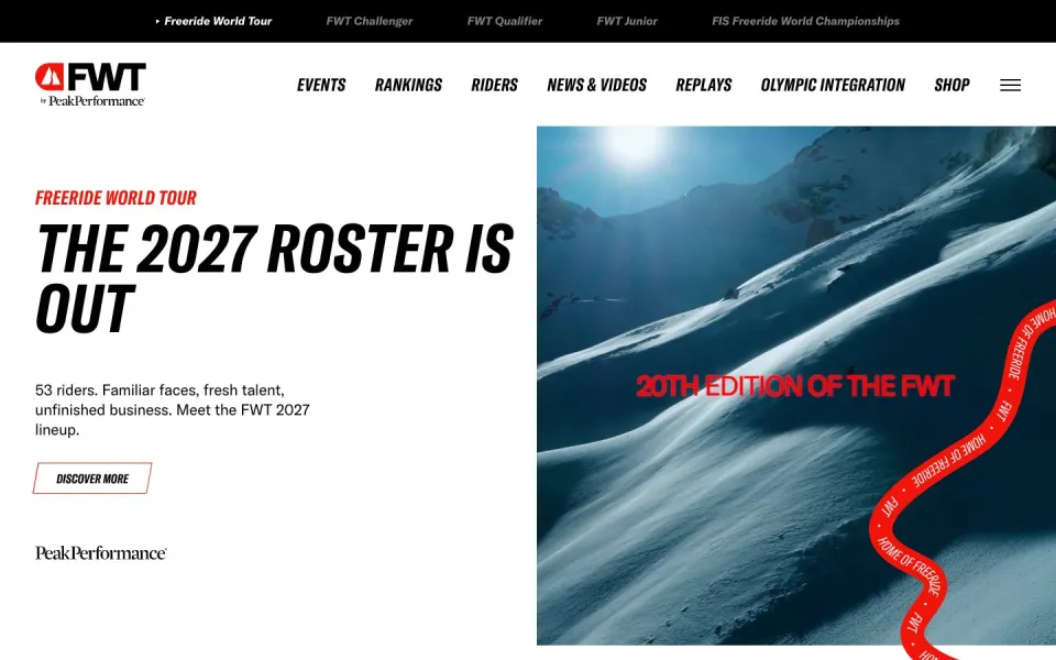 Freeride World Tour website, desktop homepage