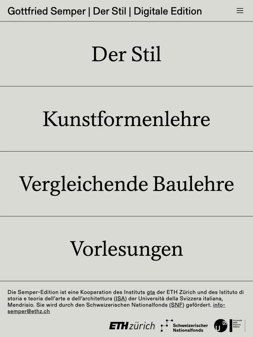 Gottfried Semper: Der Stil website, tablet screenshot