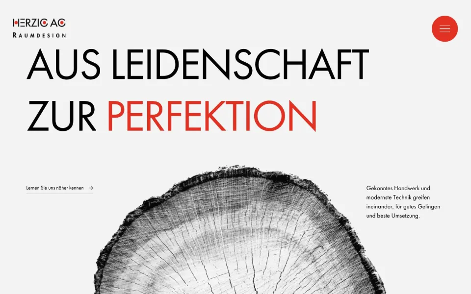 Herzig Raumdesign website, desktop homepage