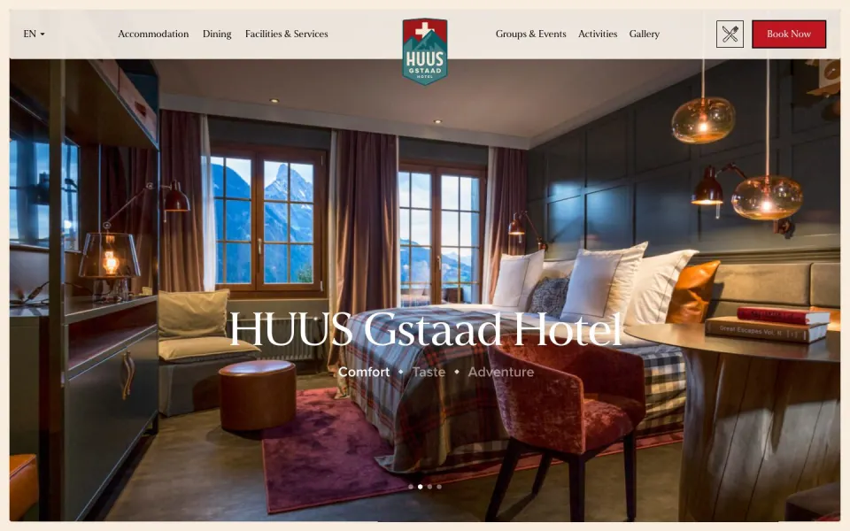 HUUS Gstaad website, desktop homepage