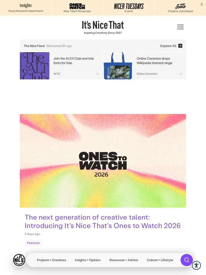 It’s Nice That website, tablet screenshot
