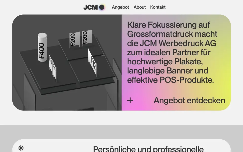 JCM Werbedruck website, desktop homepage