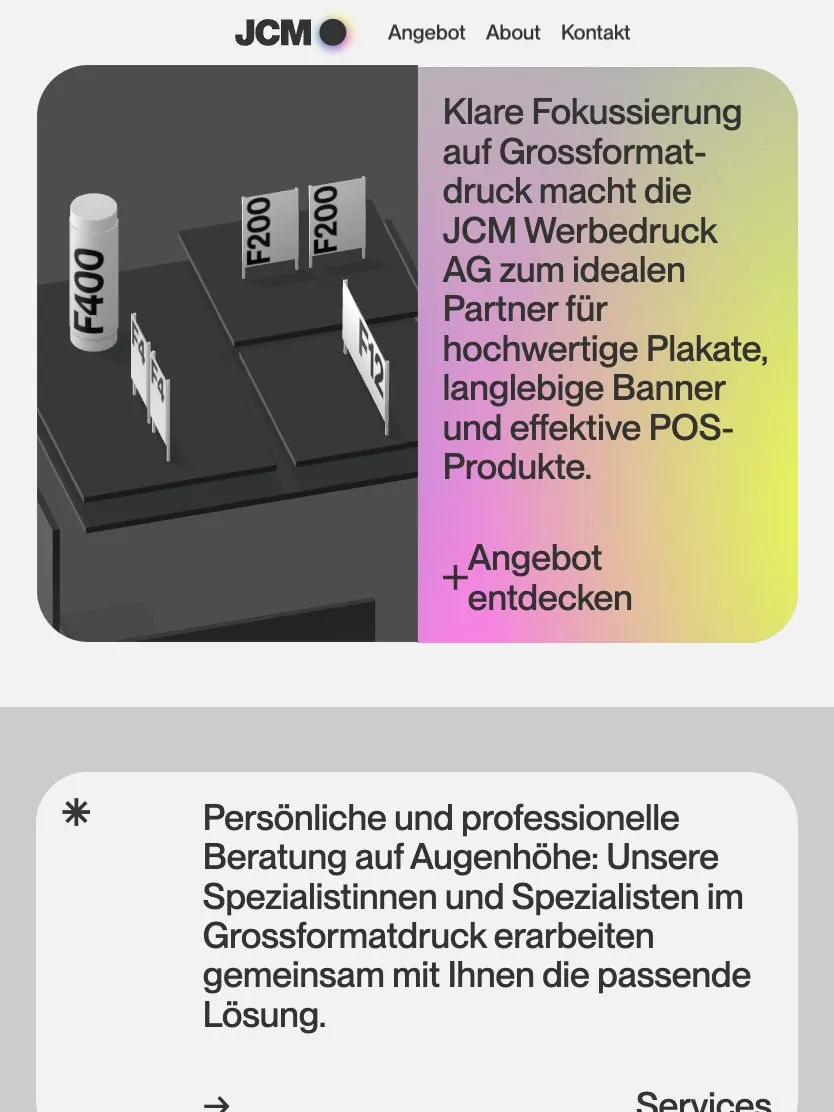 JCM Werbedruck website, tablet screenshot