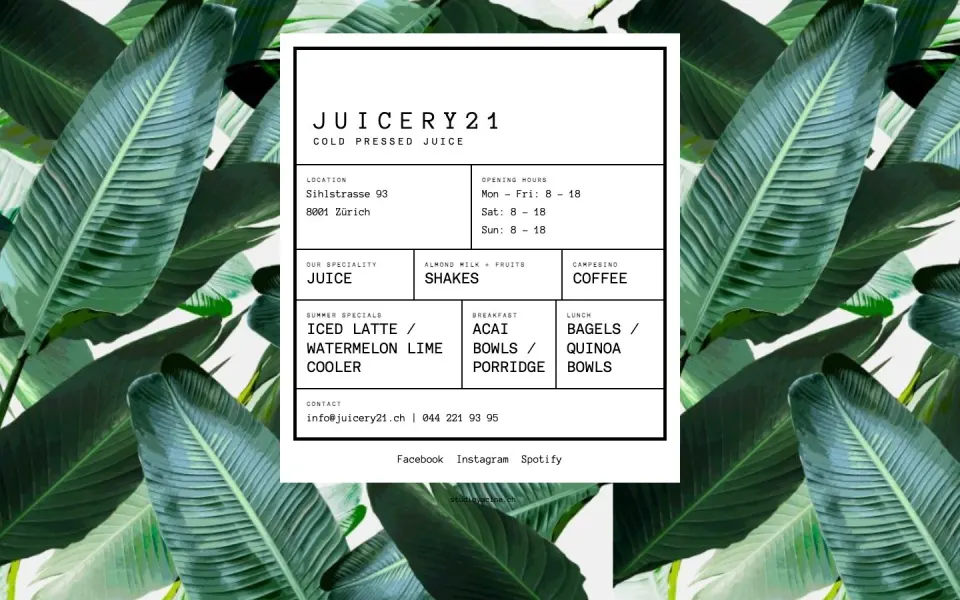 Juicery21 website, desktop homepage