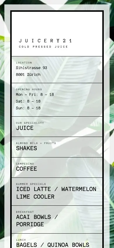 Juicery21 website, mobile screenshot