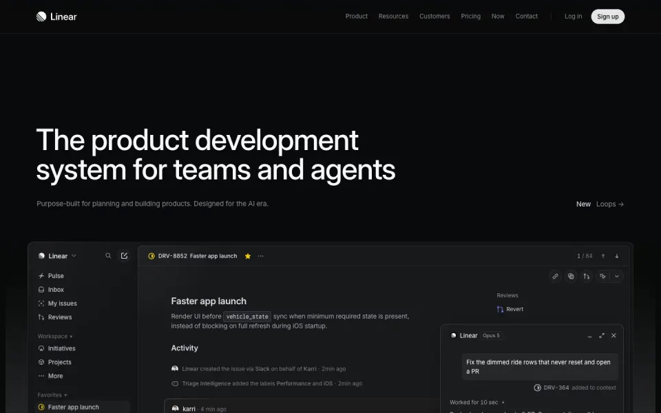 Linear website, desktop homepage