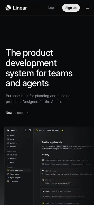 Linear website, mobile screenshot