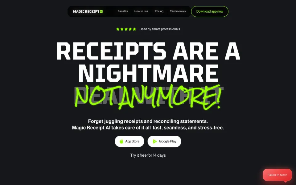 Magic Receipt website, desktop homepage