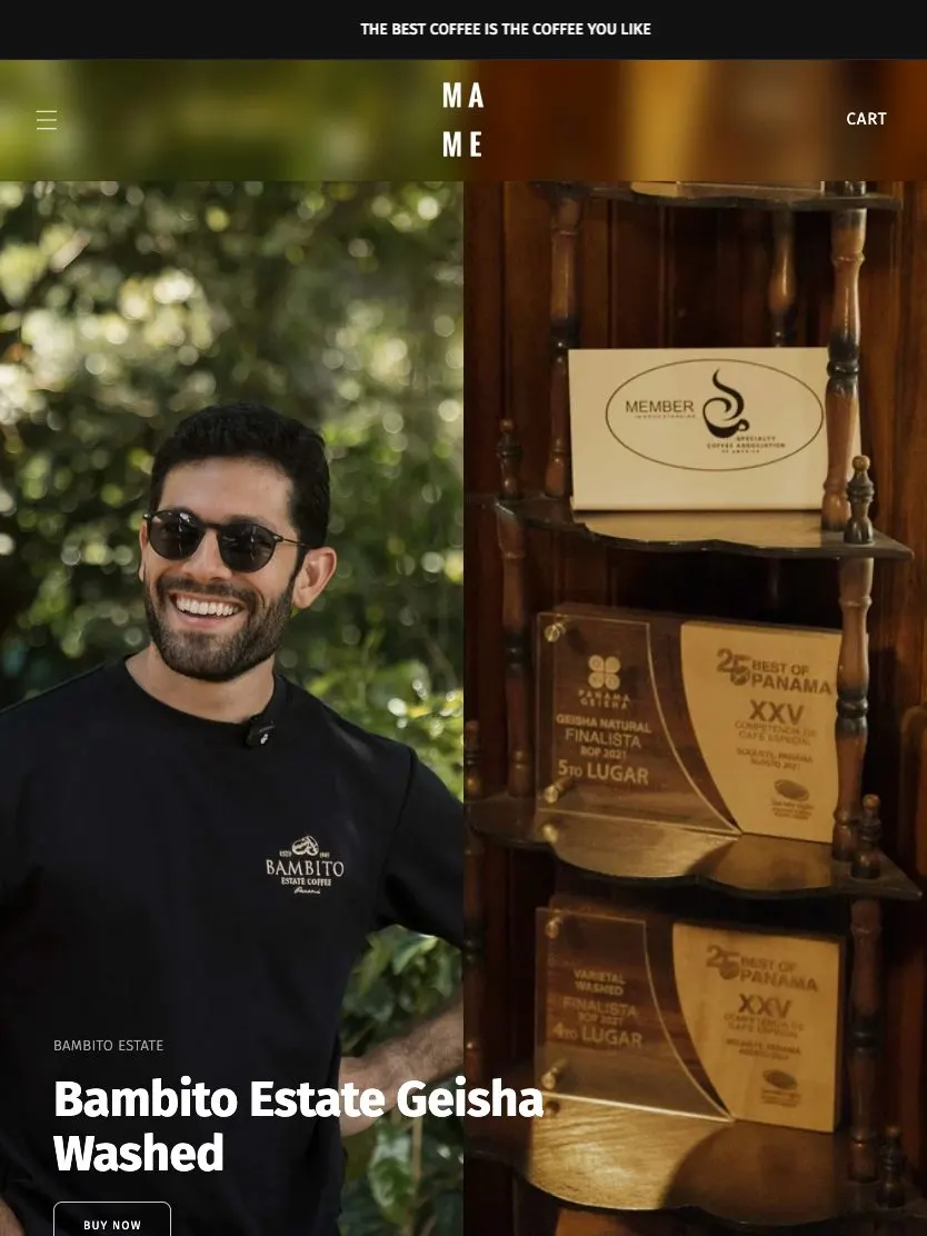 MAME Coffee website, tablet screenshot