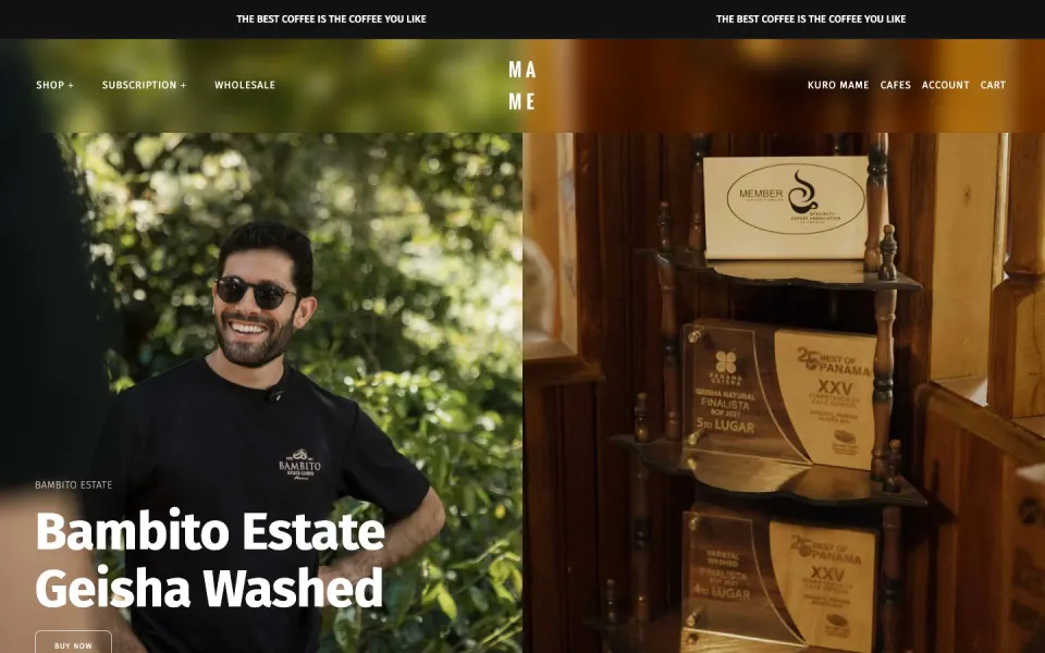 MAME Coffee website, desktop homepage