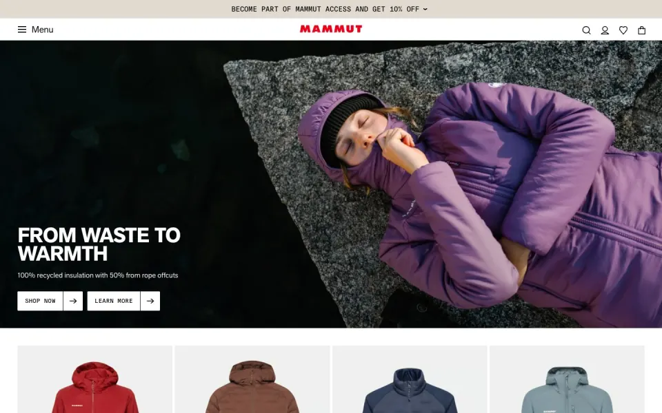 Mammut website, desktop homepage