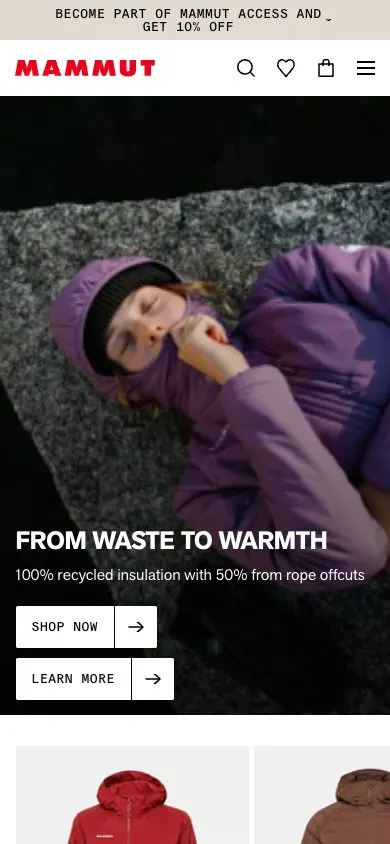 Mammut website, mobile screenshot