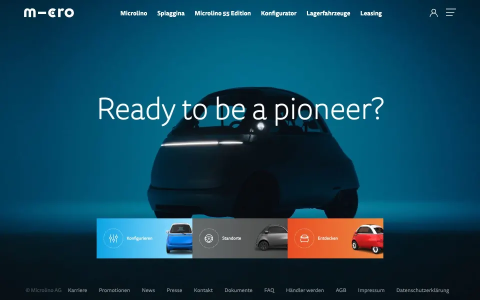 Microlino website, desktop homepage