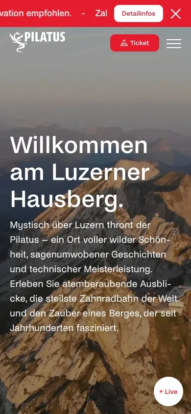 Pilatus website, mobile screenshot