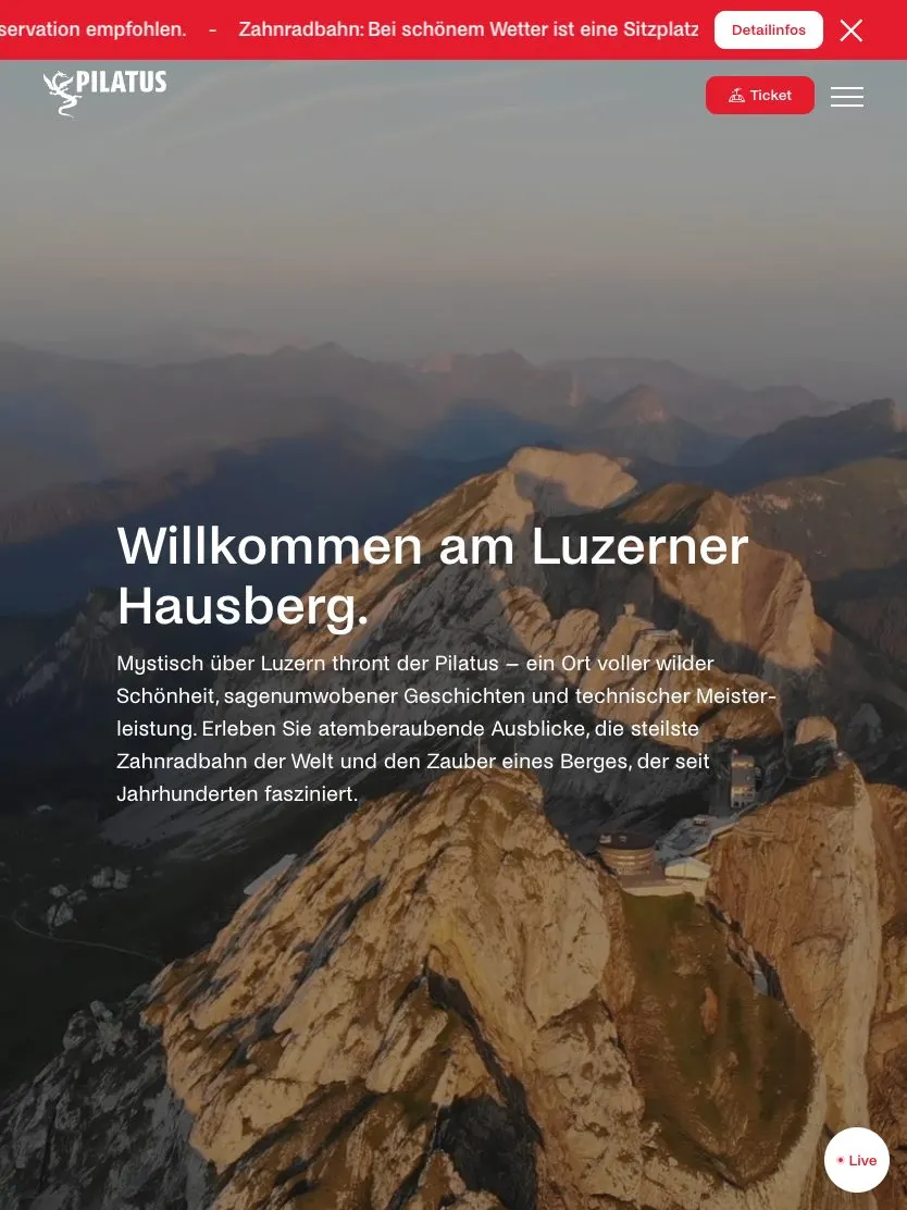 Pilatus website, tablet screenshot