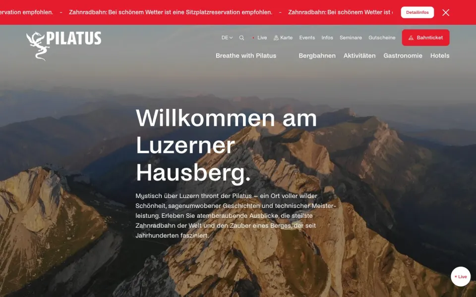 Pilatus website, desktop homepage