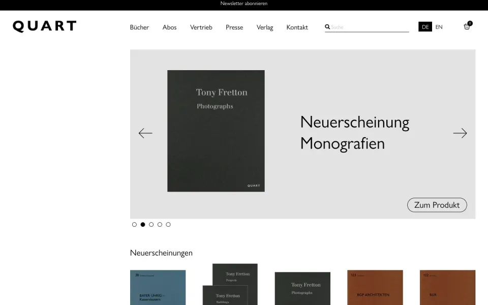 Quart Verlag website, desktop homepage