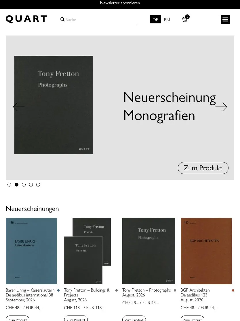 Quart Verlag website, tablet screenshot
