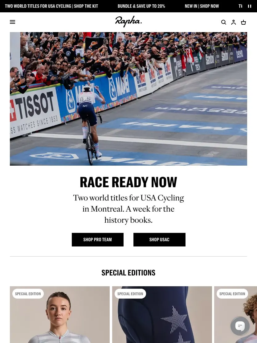 Rapha website, tablet screenshot