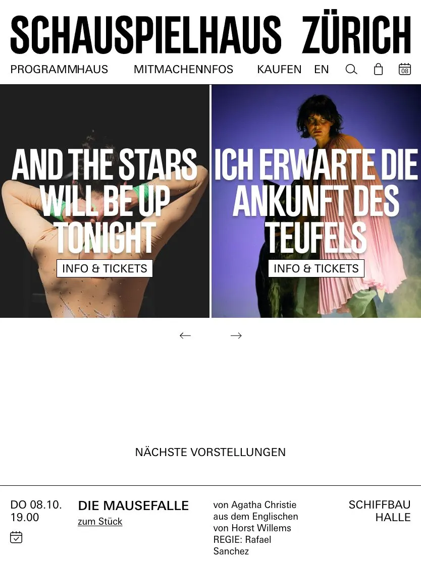 Schauspielhaus Zürich website, tablet screenshot