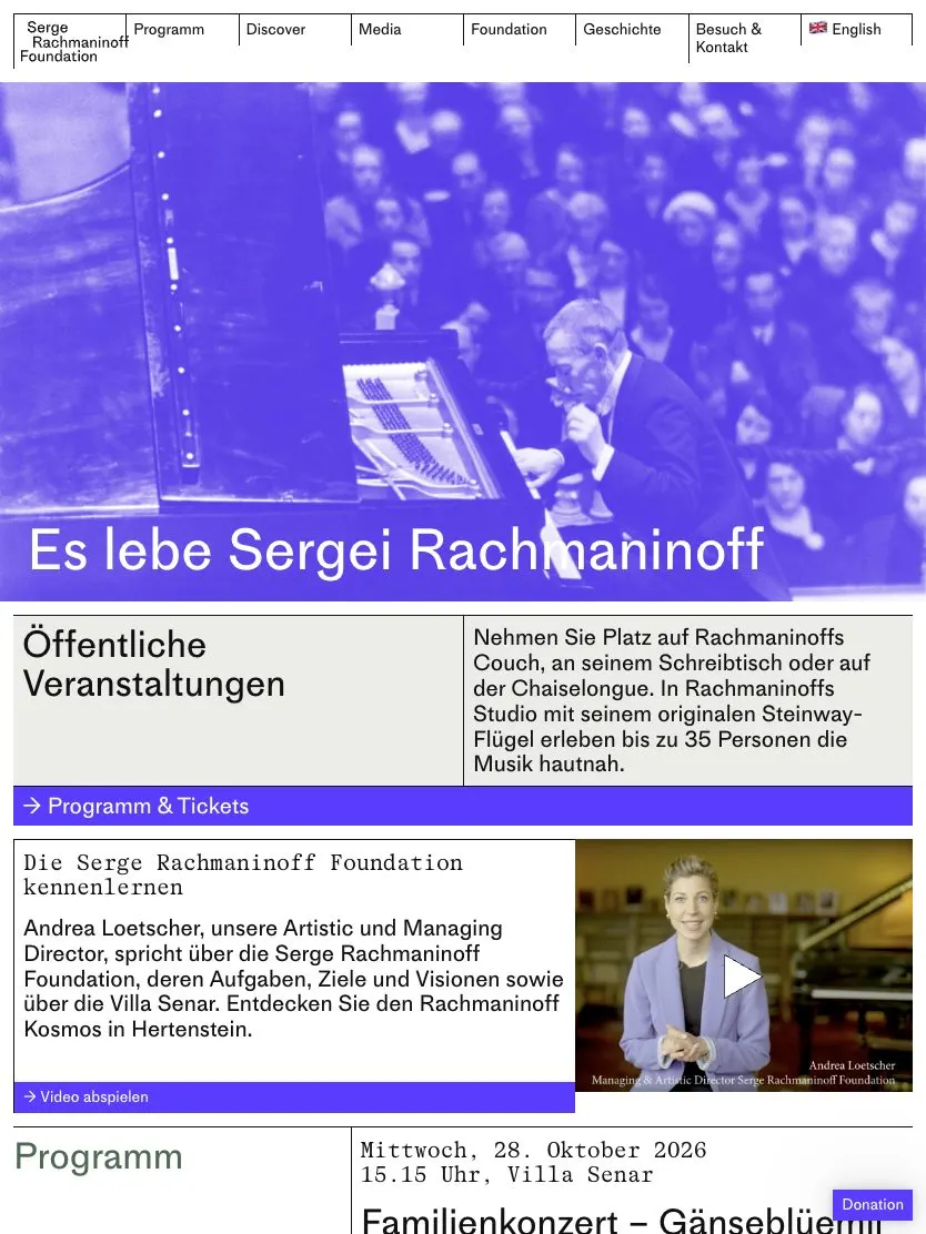 Serge Rachmaninoff Foundation website, tablet screenshot