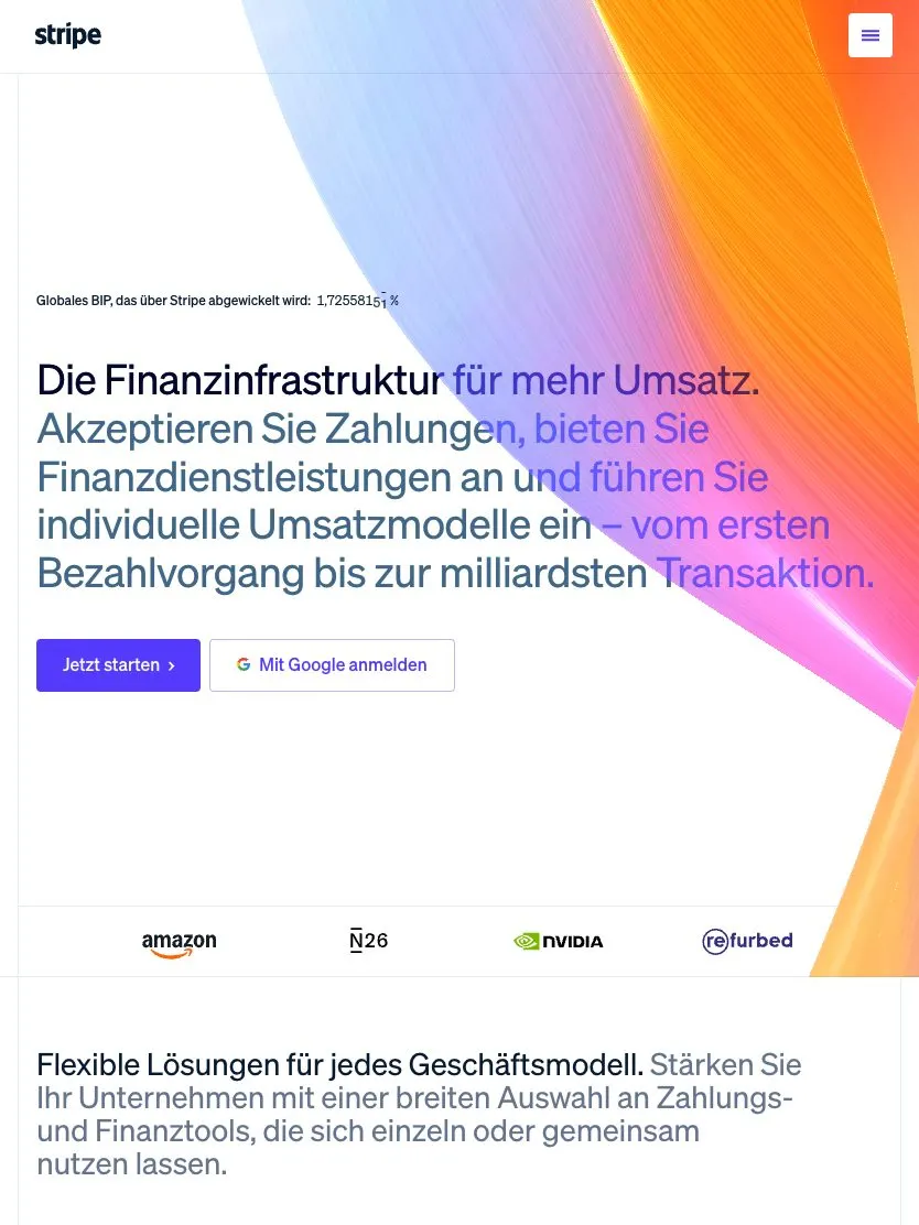 Stripe website, tablet screenshot