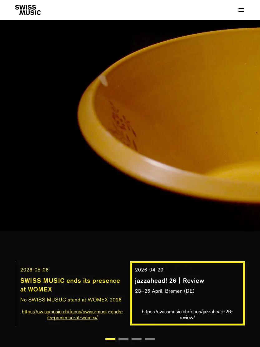 Swiss Music website, tablet screenshot
