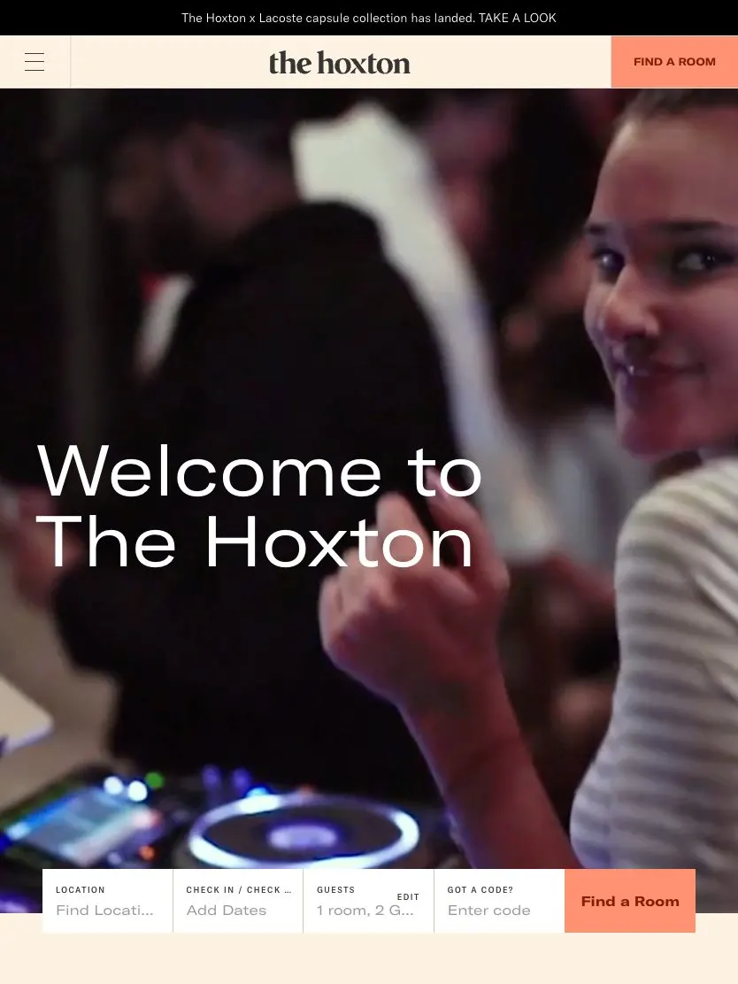 The Hoxton website, tablet screenshot