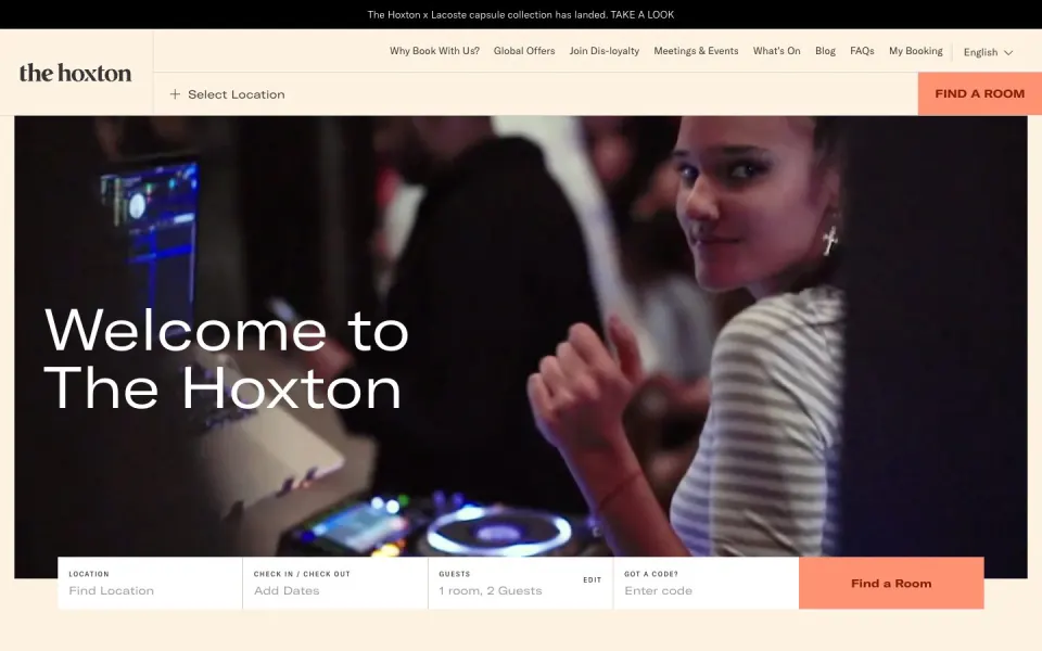 The Hoxton website, desktop homepage