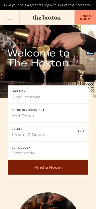 The Hoxton website, mobile screenshot