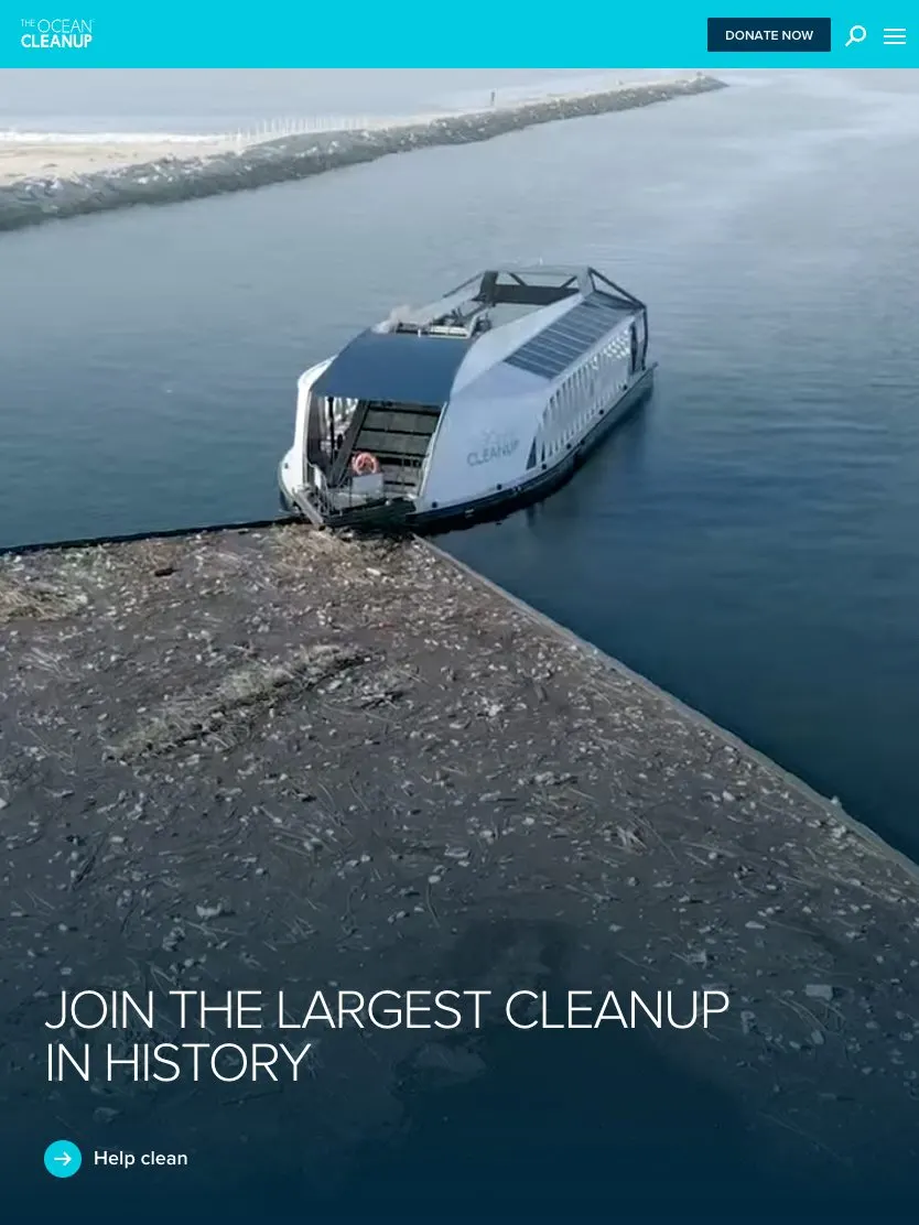 The Ocean Cleanup website, tablet screenshot