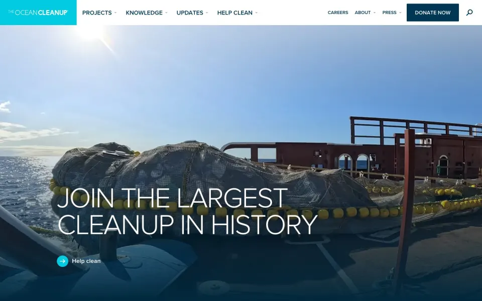 The Ocean Cleanup website, desktop homepage