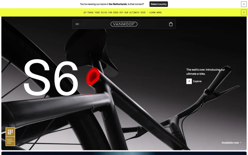 VanMoof website, desktop homepage