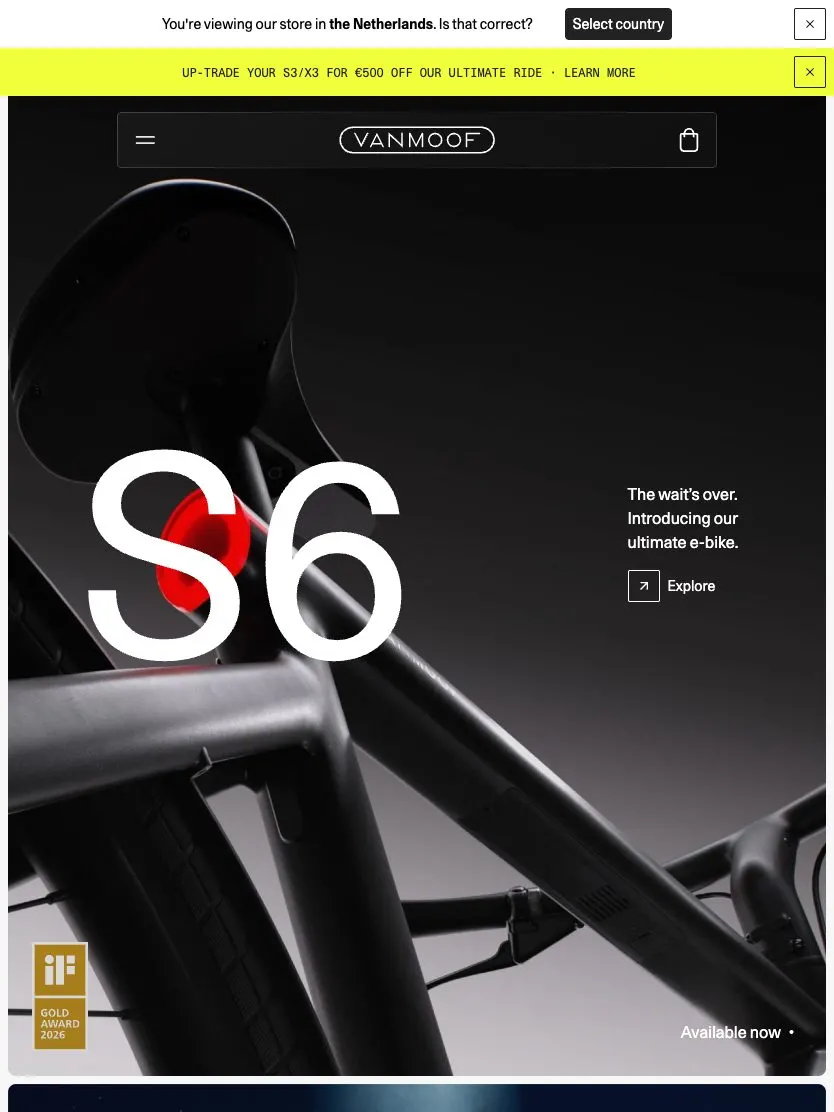 VanMoof website, tablet screenshot
