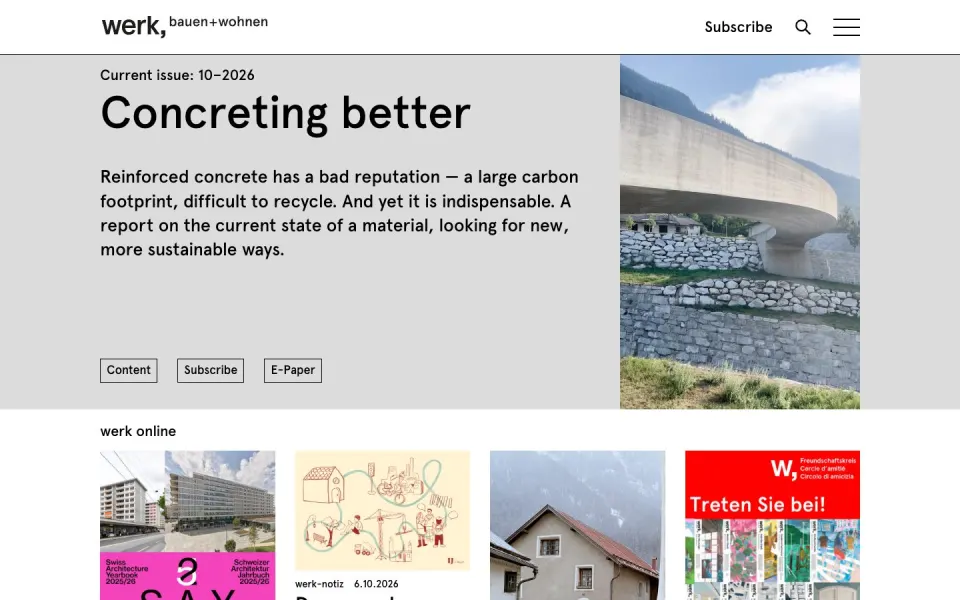 werk, bauen + wohnen website, desktop homepage