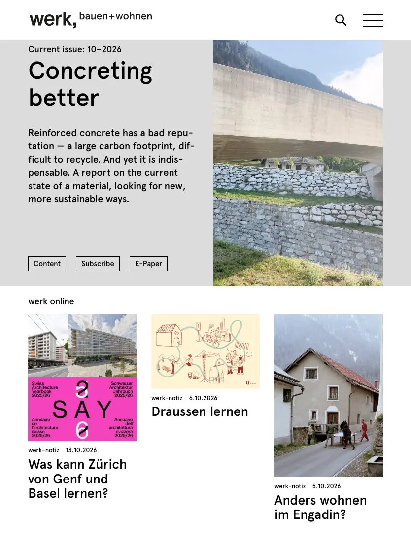 werk, bauen + wohnen website, tablet screenshot